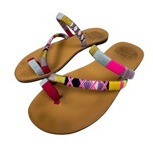 Le Pom Pom Sandals Women’s 8.5 (39) Slip On Toe Loop Thread Leather Rubber Sole